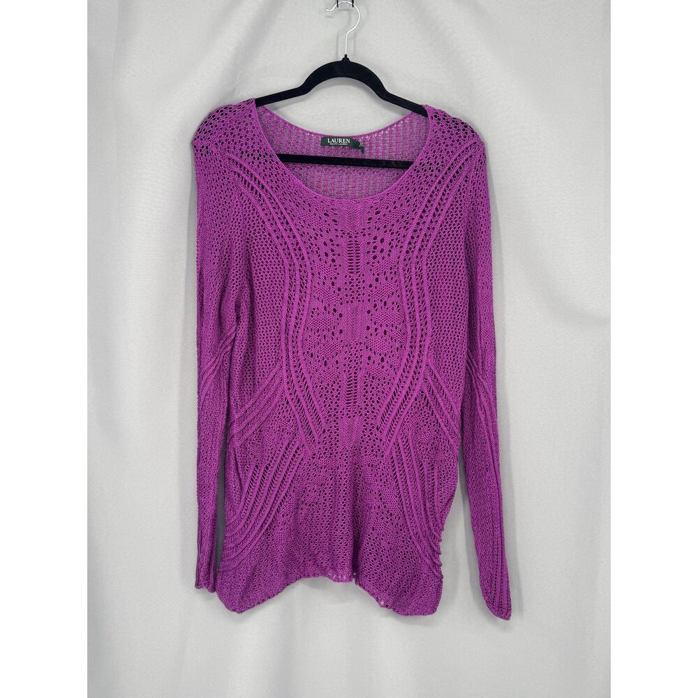 Lauren Ralph Lauren Sweater Womens 2X Purple Open Knit Scoop Neck Sheer Pullover